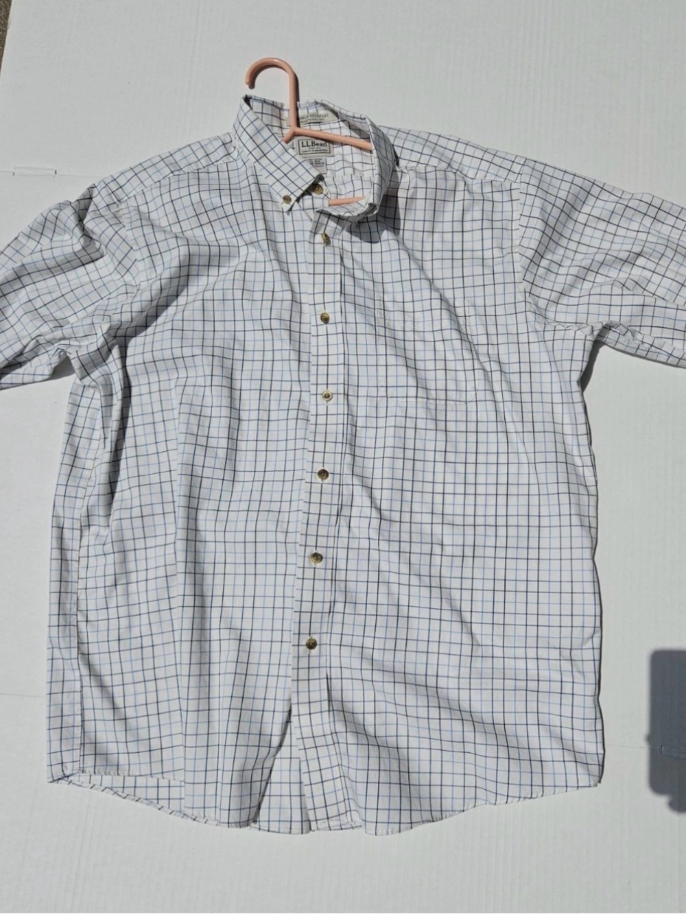 L.L.Bean Men's XL White Blue Check Button Down Shirt Wrinkle Resistant Cotton